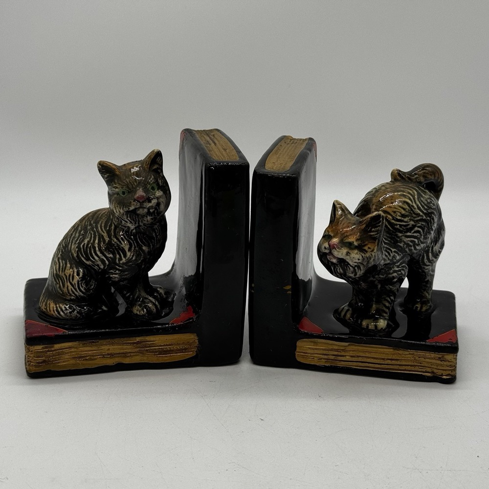 Vintage Pair (2) Kitten Cat Bookends Clay Pottery Made In Japan Hand Painted